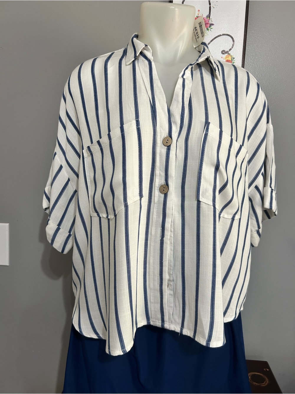 Velvet Heart Los Angeles Striped Button-Down Shirt Cropped Linen Blend SzL NWT